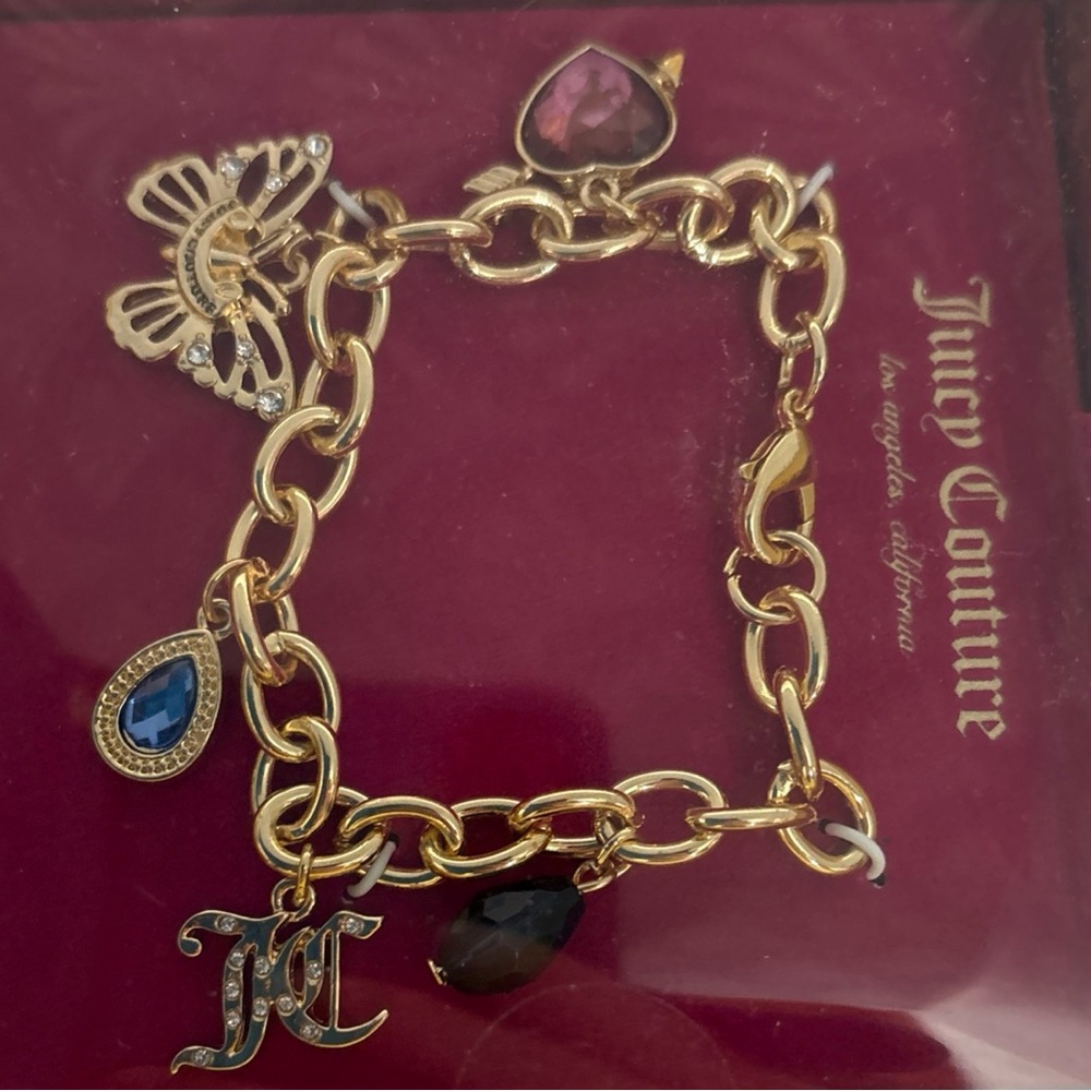Juicy Couture Gold t chain Bracelet butterfly Purple Heart Blue Charms JC logo